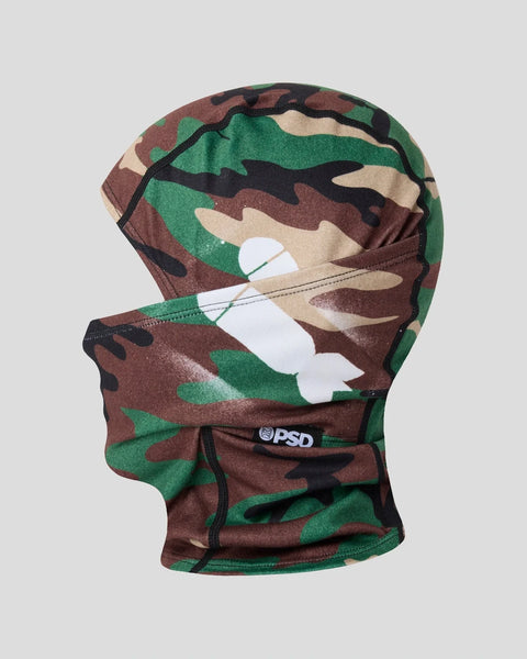 Green, brown, and tan camouflage balaclava with white logo patch and PSD brand label.