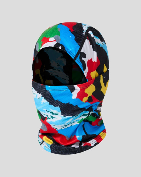 Colorful balaclava with blue, red, black, yellow, white and green patchwork design and eye opening.