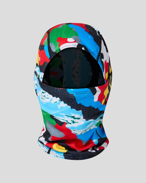 Multicolored balaclava with red, blue, green, black, and yellow geometric camouflage pattern and eye opening.