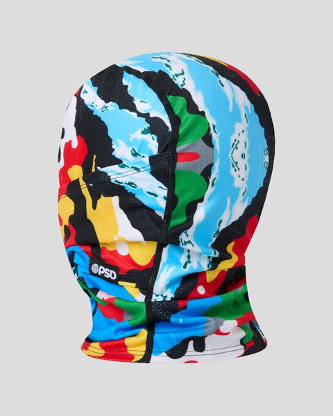 Colorful balaclava with black, red, yellow, blue, green, and white geometric pattern design and PSD logo on neck area.