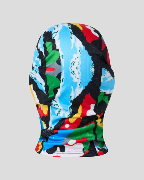 Colorful balaclava with multicolored abstract pattern in blue, green, red, yellow, and black.