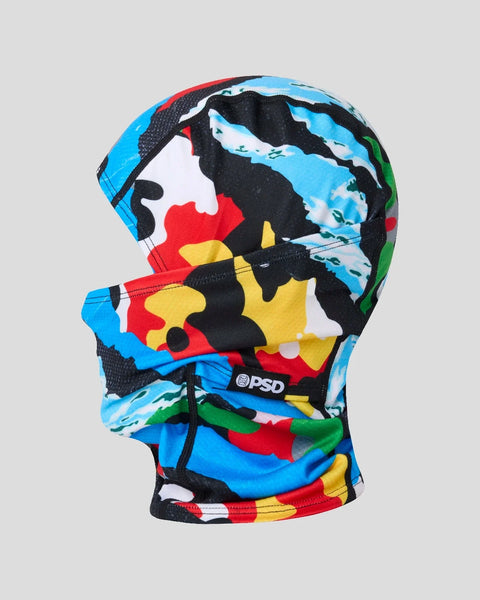 Colorful balaclava with blue, red, yellow, black and white geometric pattern and PSD branding.