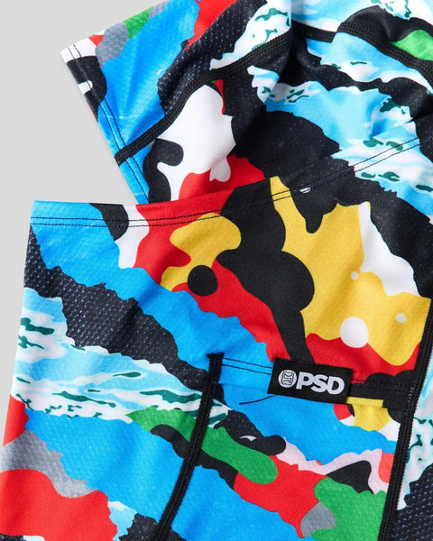 Colorful patterned underwear with blue, red, yellow, black, and white abstract shapes and PSD brand label.