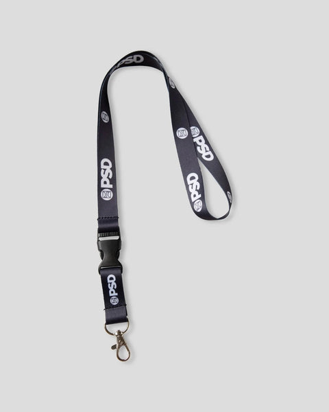 Black lanyard with white logo pattern, adjustable plastic buckle, and metal clip attachment.