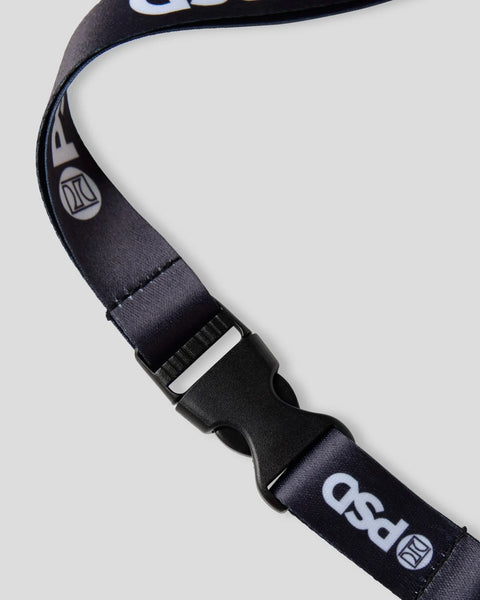 Black nylon lanyard with white logo and adjustable plastic clip closure.