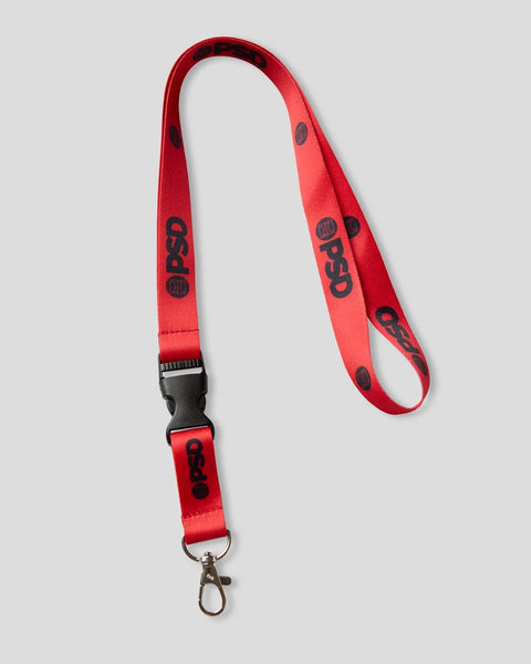 Red lanyard with black logo print, black plastic clip attachment, and metal key ring clip at bottom.