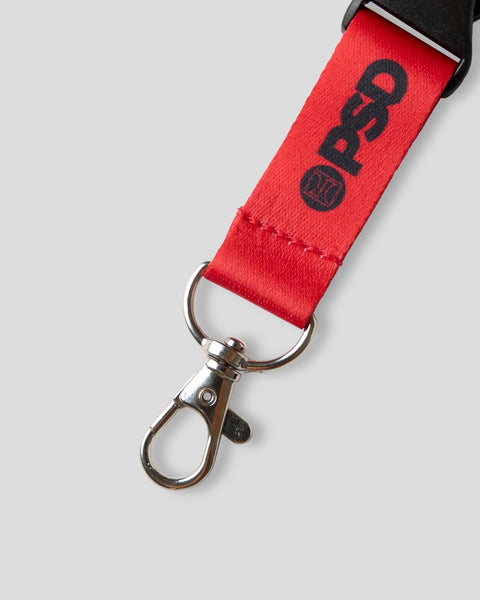 Red fabric lanyard with dark logo print and metal clasp attachment.