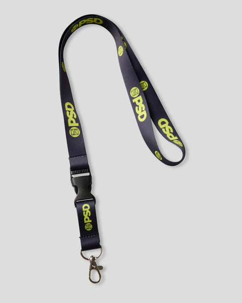 Black lanyard with neon yellow text and logos, featuring a plastic buckle and metal clip attachment.