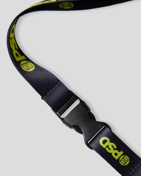 Black lanyard with neon yellow accents and plastic clip attachment.