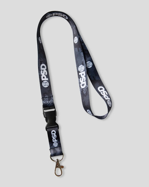 Digital camouflage lanyard with black plastic clip and metal snap hook attachment.