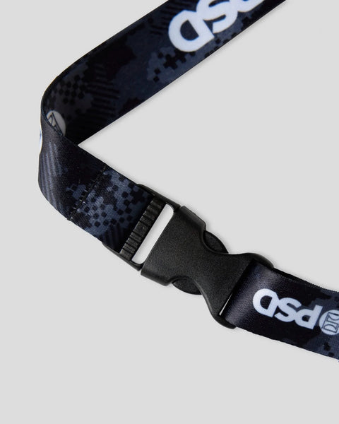 Dark blue digital camouflage lanyard with white text, black plastic buckle, and white striping detail.