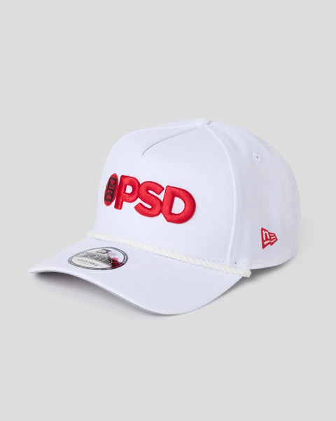 White baseball cap with red embroidered PSD logo on front and small New Era flag logo on side.