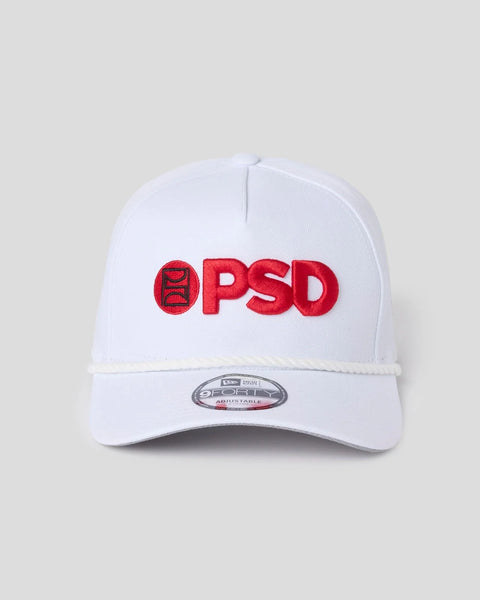 White baseball cap with red embroidered PSD logo on front and adjustable back strap.
