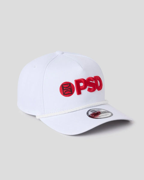 White baseball cap with red PSD logo and circular emblem on front, curved bill, and structured crown.