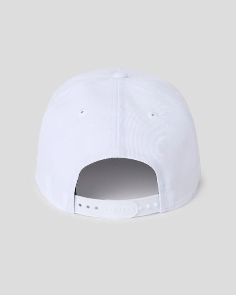 White baseball cap with snapback closure shown from back view.