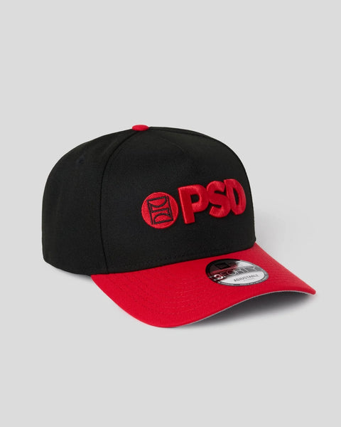 Black and red baseball cap with red PSD logo embroidered on front and red visor.