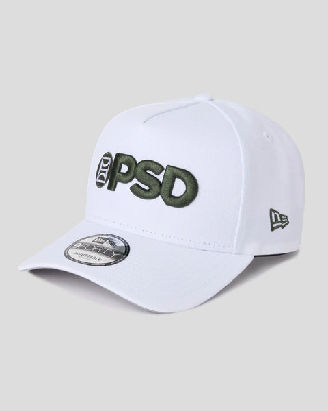 White baseball cap with green and black PSD logo embroidery on front and New Era logo on side.