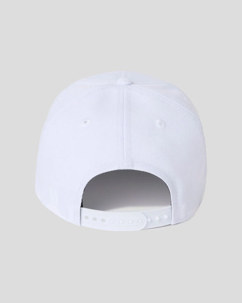 White baseball cap with snapback closure shown from back view.