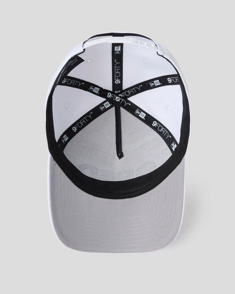 White baseball cap with black undervisor, black mesh back panel, and black adjustment straps with branding text.