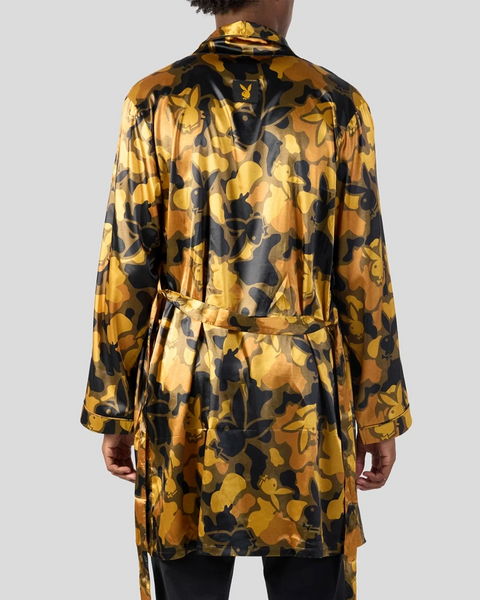 Gold and black silk robe with Playboy bunny logo pattern and tie waist belt, shown from back view.