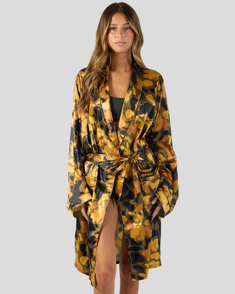 Gold and black silk robe with playboy bunny pattern and tie waist belt.