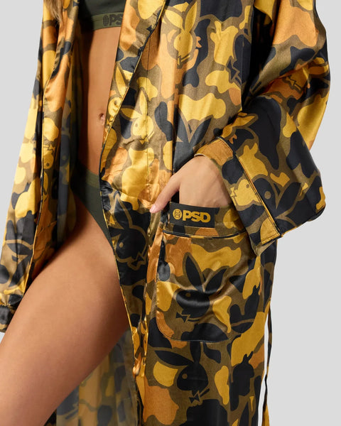 Gold and black Playboy patterned robe with front pocket and branded waistband detail.