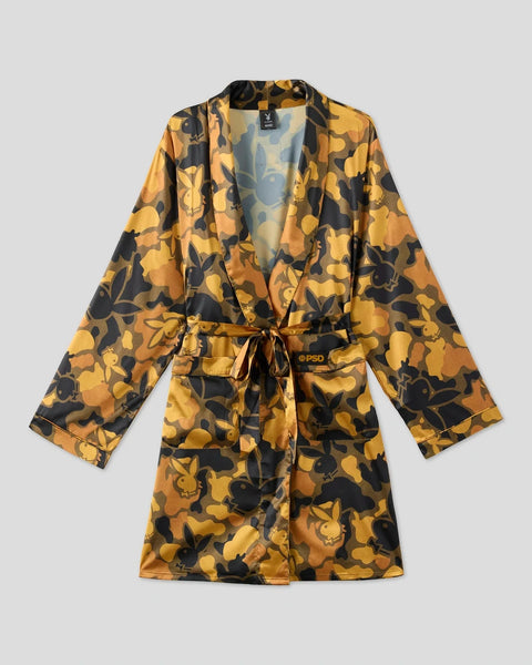 Gold and black silk robe with Playboy bunny print and matching tie belt.