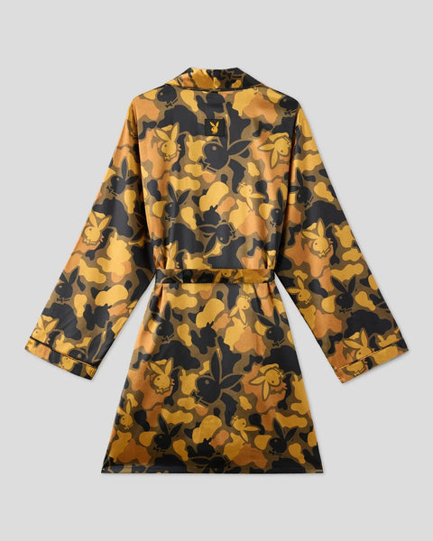 Gold and black silk robe with Playboy bunny logo pattern throughout and matching belt.