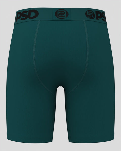 Teal ribbed boxer briefs with PSD branding on elastic waistband and logo details.