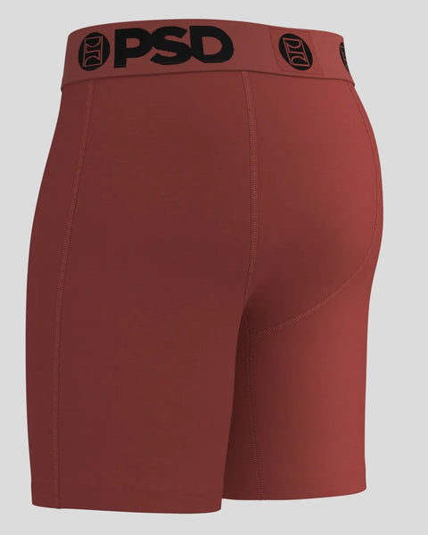 Sienna-colored modal boxer briefs with PSD waistband and center seam detail.