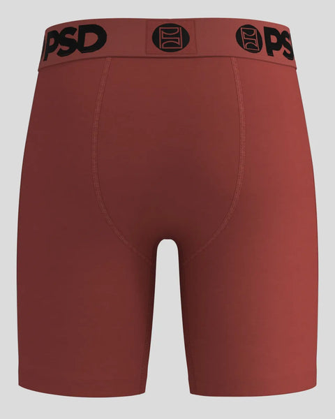 Sienna-colored modal boxer briefs with PSD waistband and logo detailing.