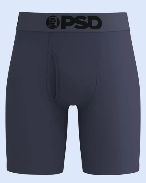 Dark purple modal boxer shorts with PSD logo waistband and center fly seam detail.