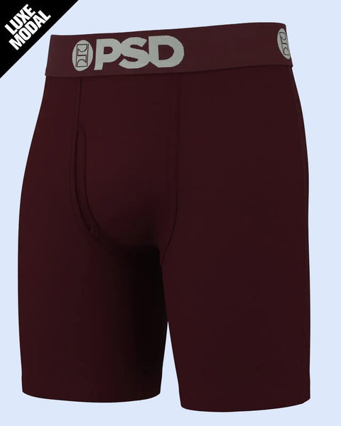 Burgundy boxer shorts with gray OPSD waistband and decorative side panel design.