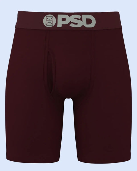 Burgundy boxer briefs with gray PSD waistband logo and center seam detail.