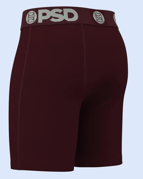 Burgundy modal boxer shorts with PSD branding and waistband logo.
