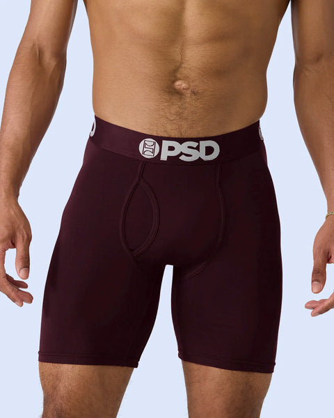 Burgundy modal boxer briefs with PSD waistband, shown on shirtless male model.