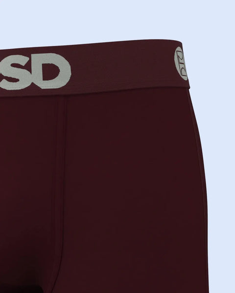 Burgundy modal underwear with branded waistband and center seam detail.