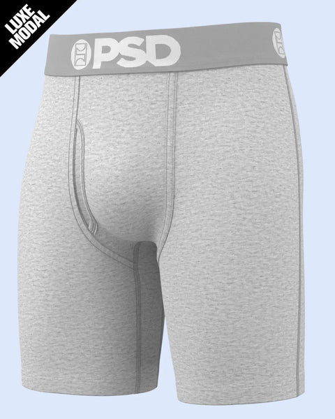 Heather gray modal boxer briefs with gray OPSD waistband and center seam detail.