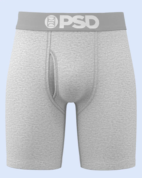 Heather gray men's boxer briefs with gray PSD waistband and center seam detail.