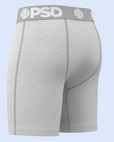 Heather gray modal boxer briefs with gray PSD waistband and contrasting side seams.