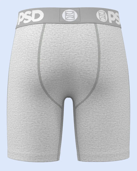Heather gray boxer briefs with gray waistband featuring PSD logo and center seam stitching.
