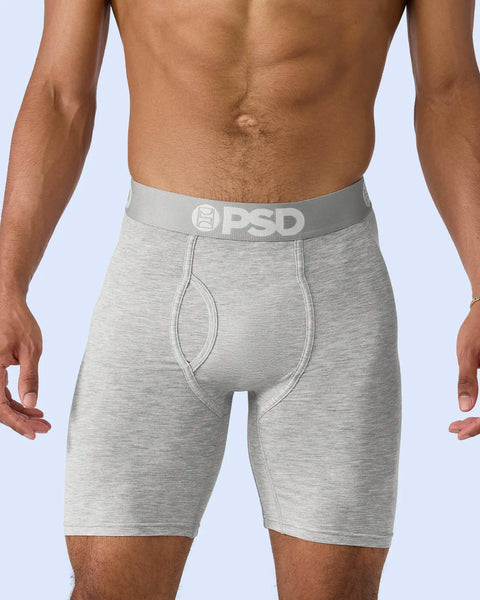 Heather gray modal boxer briefs with PSD waistband on model.