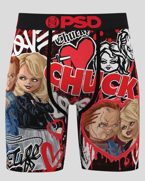 PSD brand shorts with black, red, and white Chucky and Tiff character graphics and text design.