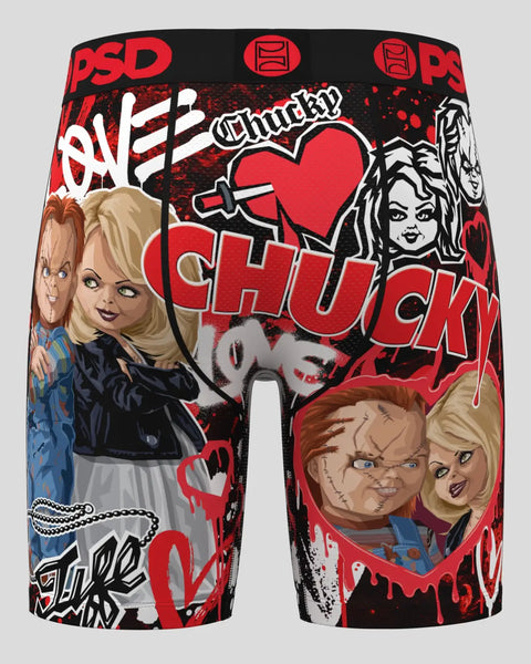 Black and red PSD boxer shorts with Chucky and Tiff characters, heart graphics, and 