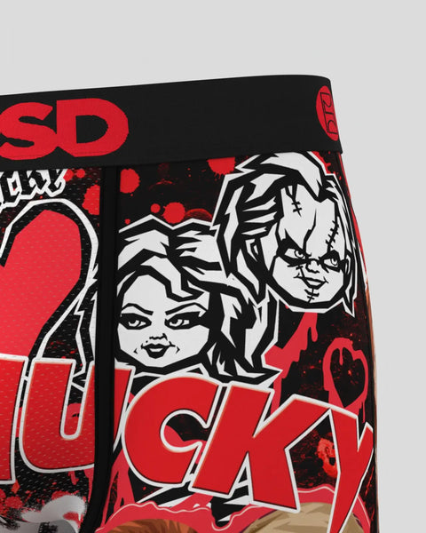 Two character illustrations in black and white with red accents on black fabric, featuring Chucky and Tiff from the horror fi