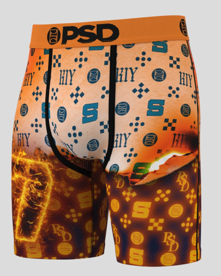 PSD boxer briefs with orange waistband, blue patterned upper section, and flame graphic lower section.