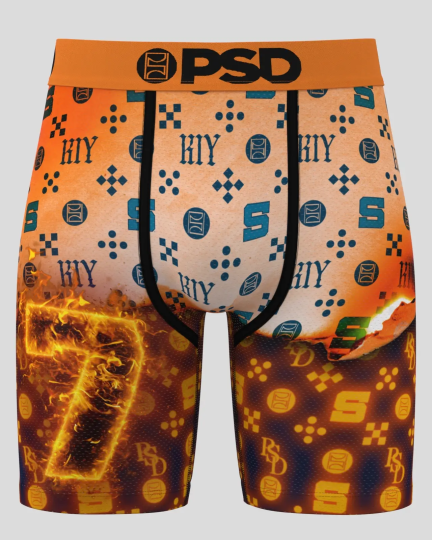 PSD boxer briefs with orange and navy geometric pattern, fire graphic on legs, black waistband.