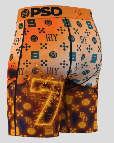 Orange and blue PSD boxer brief with geometric patterns and flame graphic on lower leg.