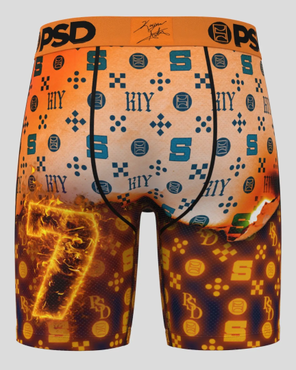 Men's boxer briefs with orange and blue geometric pattern on waistband and flame design on legs.