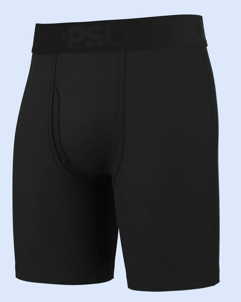 Three black modal boxer briefs with elastic waistband and seamed front pouch design.